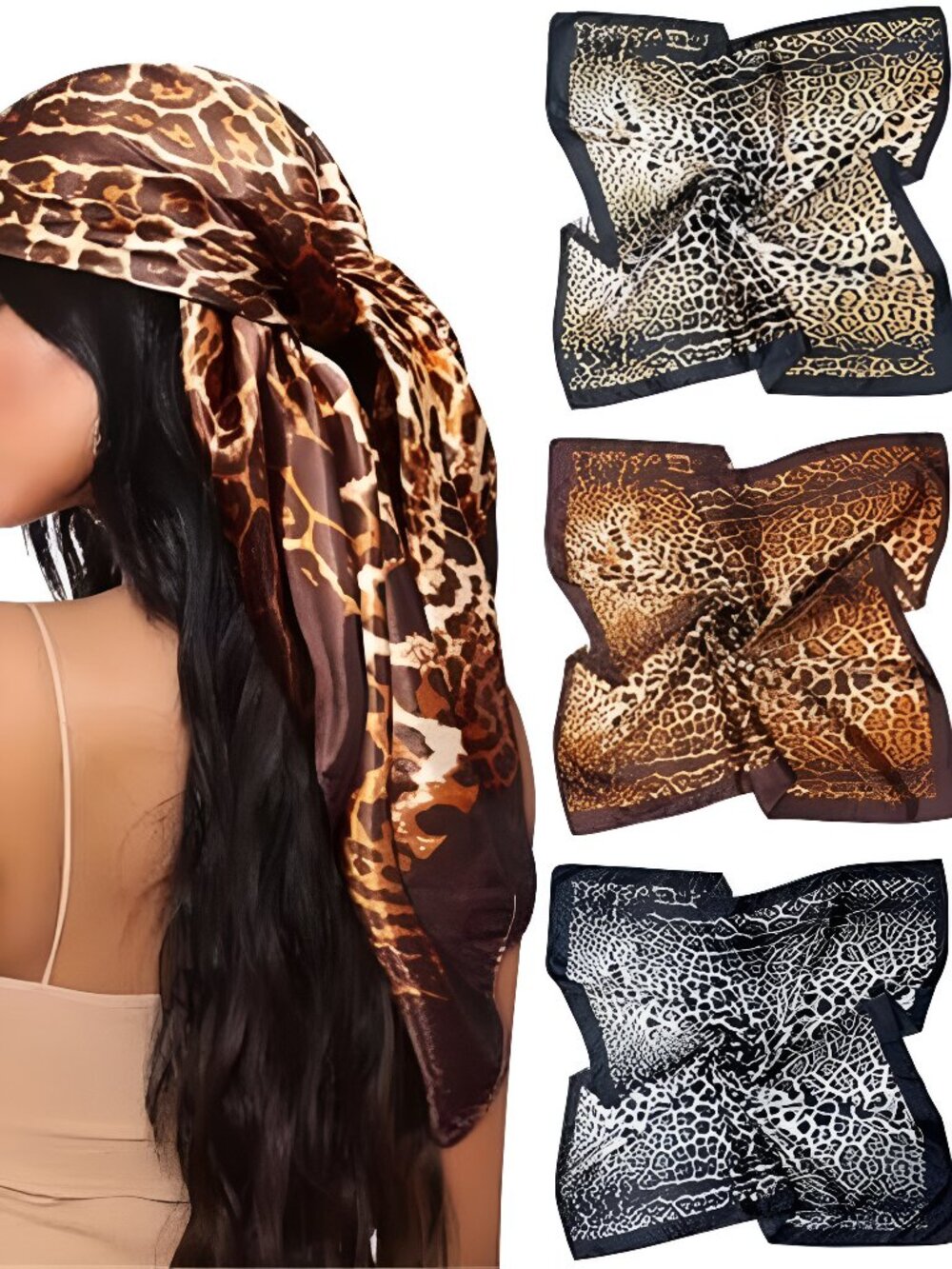 35” Square Head Scarf for Women, 3 Pack Like Silk Satin Headscarf Hair Neck